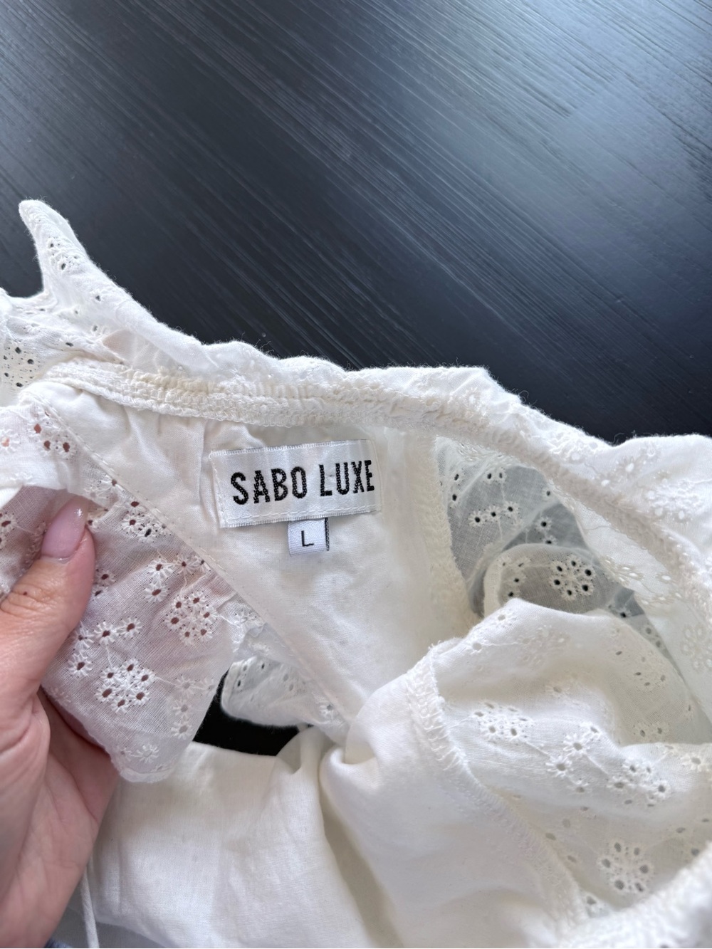 SABO LUXE White Eyelet Ruffle Mini Dress | Open Back | 100% Cotton | Size L - Picture 11 of 13